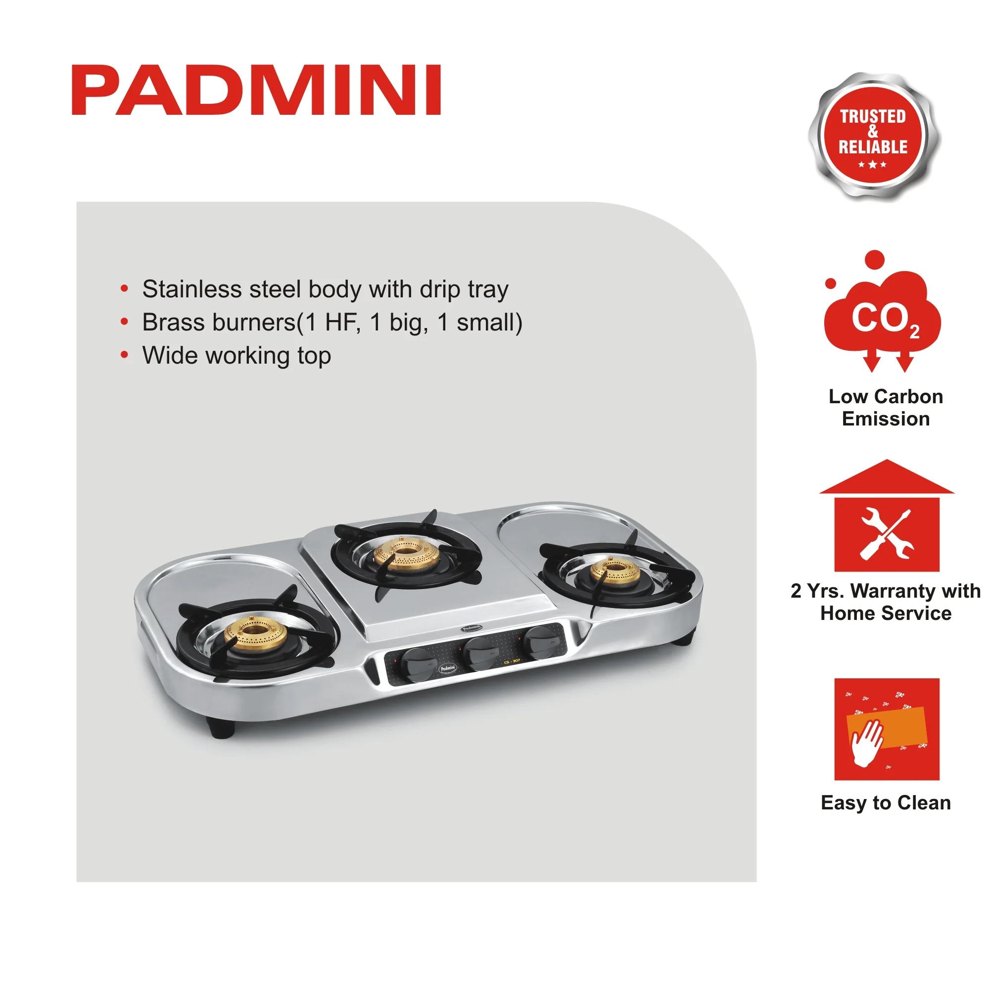 PADMINI 3 Burner CS-307 Stainless Steel Cooktop (High Flame Optional) - Image 3