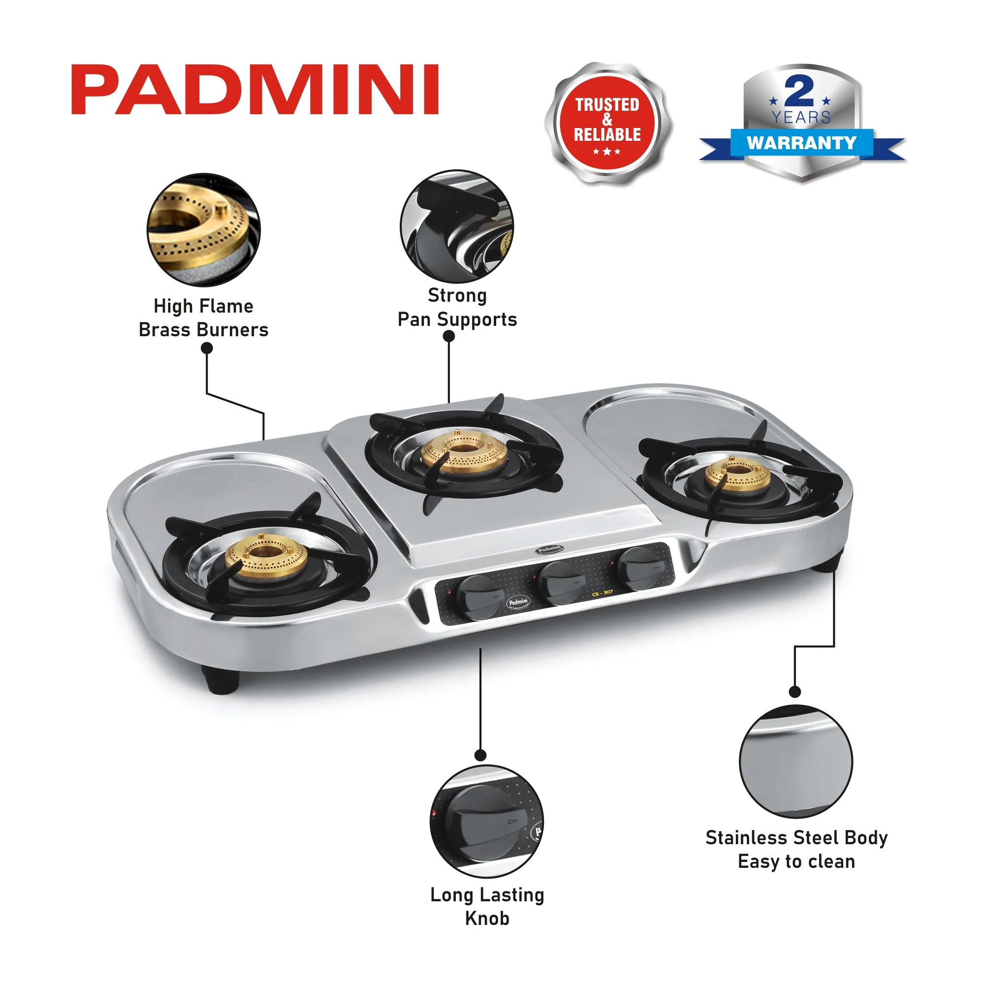 PADMINI 3 Burner CS-307 Stainless Steel Cooktop (High Flame Optional) - Image 4