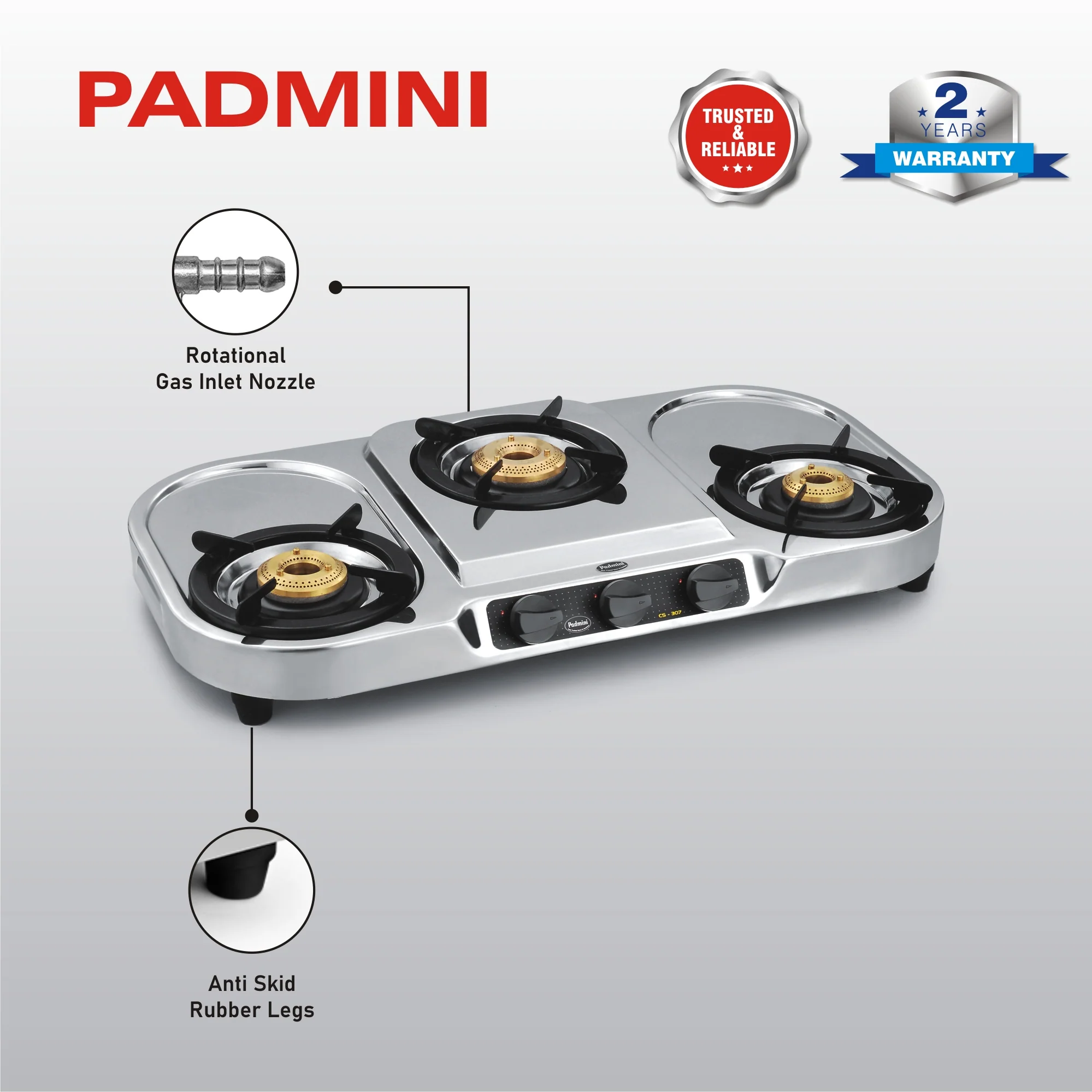 PADMINI 3 Burner CS-307 Stainless Steel Cooktop (High Flame Optional) - Image 5