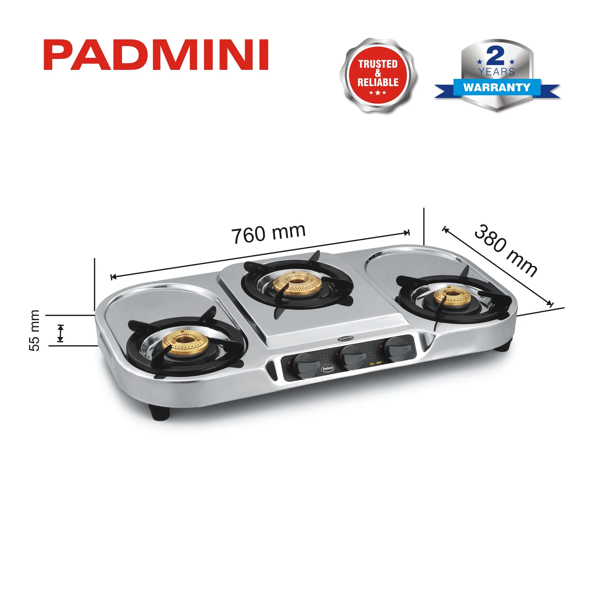 PADMINI 3 Burner CS-307 Stainless Steel Cooktop (High Flame Optional) - Image 6