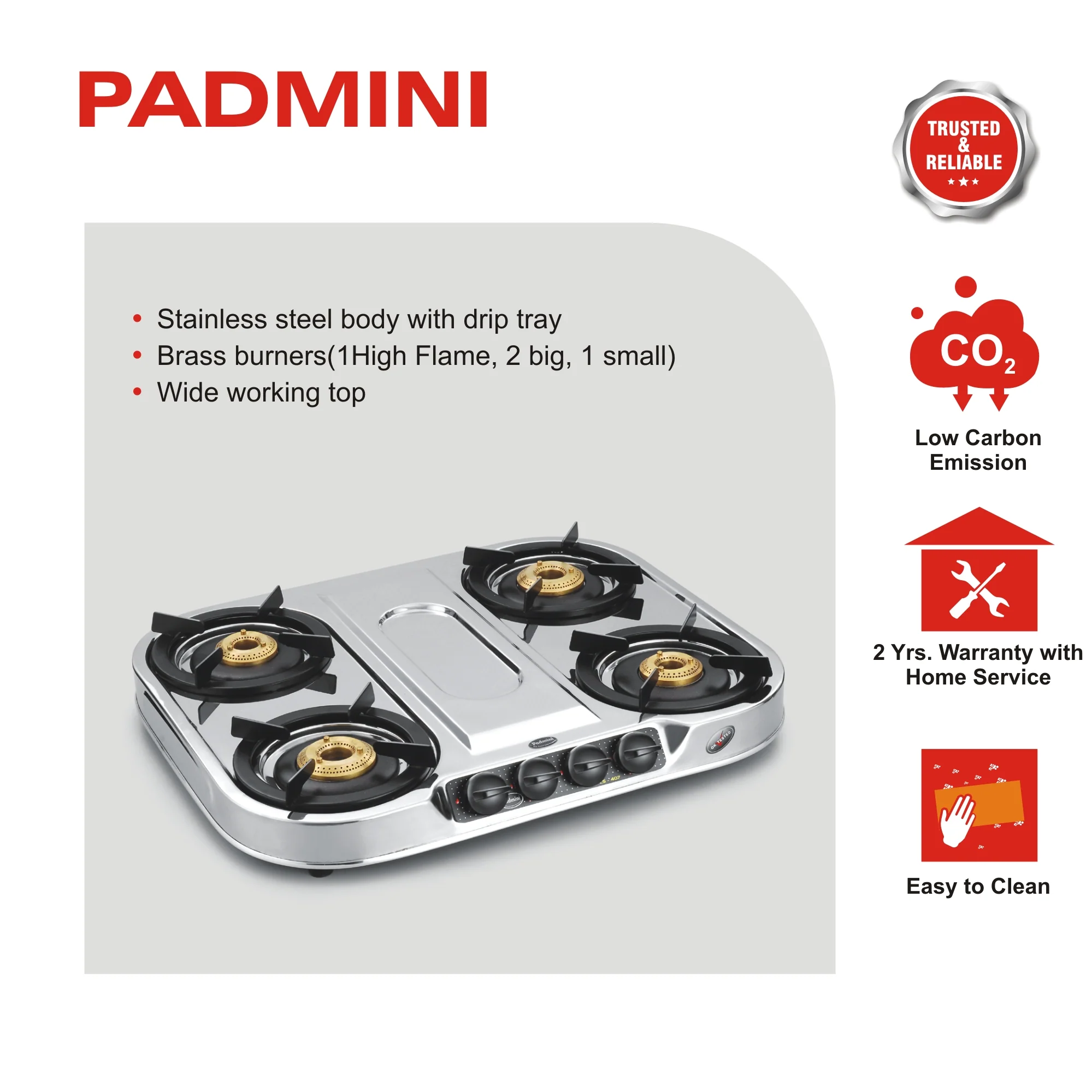 PADMINI 4 Burner CS-407 HF Stainless Steel Cooktop (High Flame) - Image 3