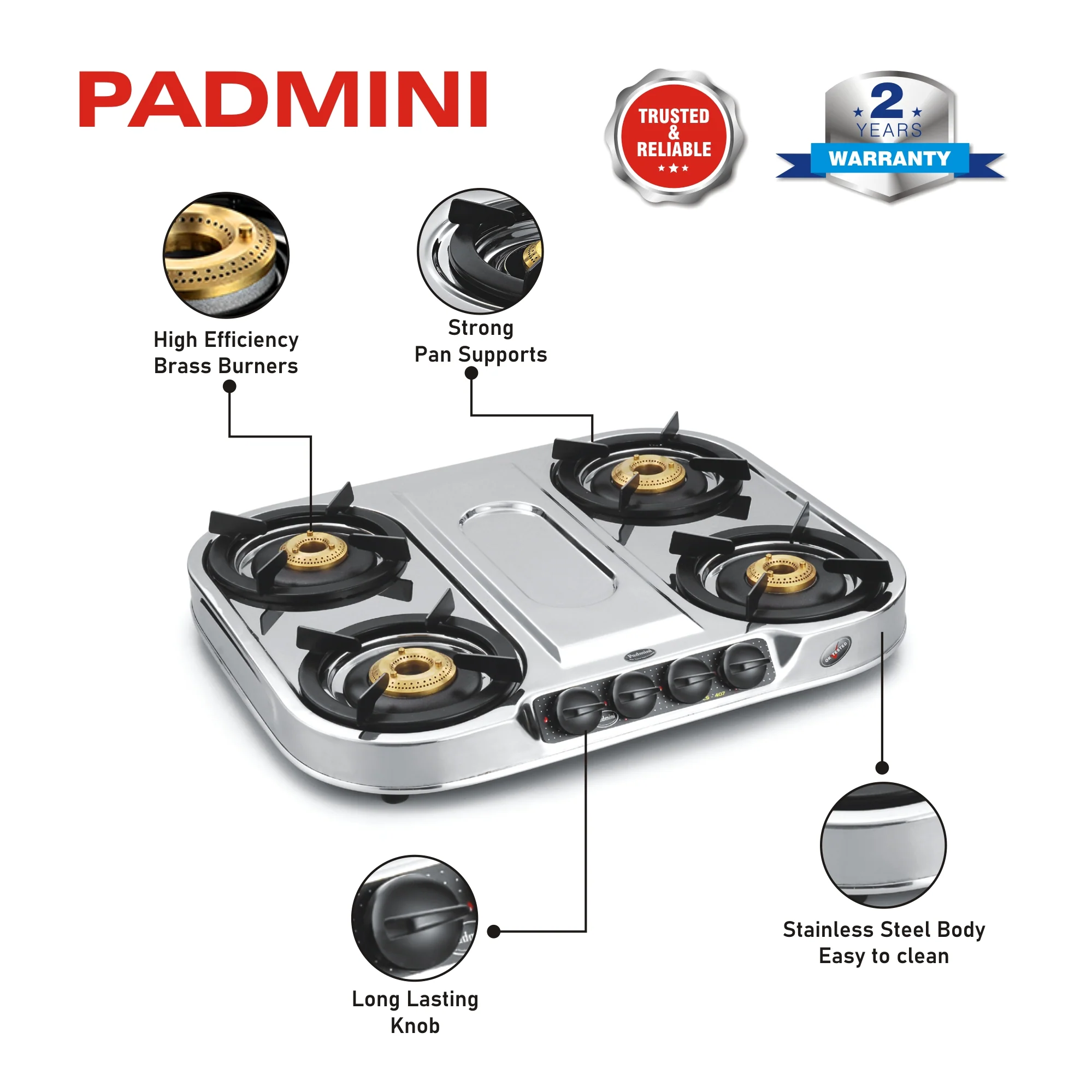 PADMINI 4 Burner CS-407 HF Stainless Steel Cooktop (High Flame) - Image 4